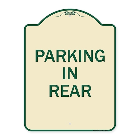 Signmission Designer Series Parking in Rear, Tan & Green Heavy-Gauge Aluminum Sign, 24" x 18", TG-1824-23437 A-DES-TG-1824-23437